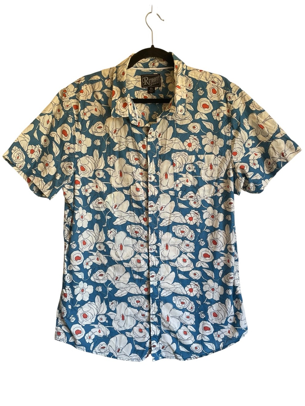 Retrofit Blue Floral Short Sleeve Button-Down Shirt with White and Red Accents